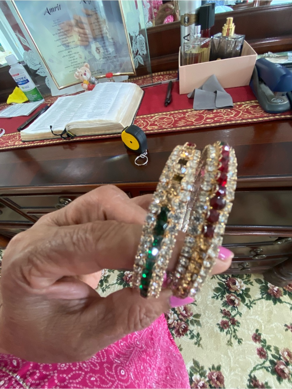 Gold-Tone Crystal Bangle Bracelet Set with Green and Red Stones